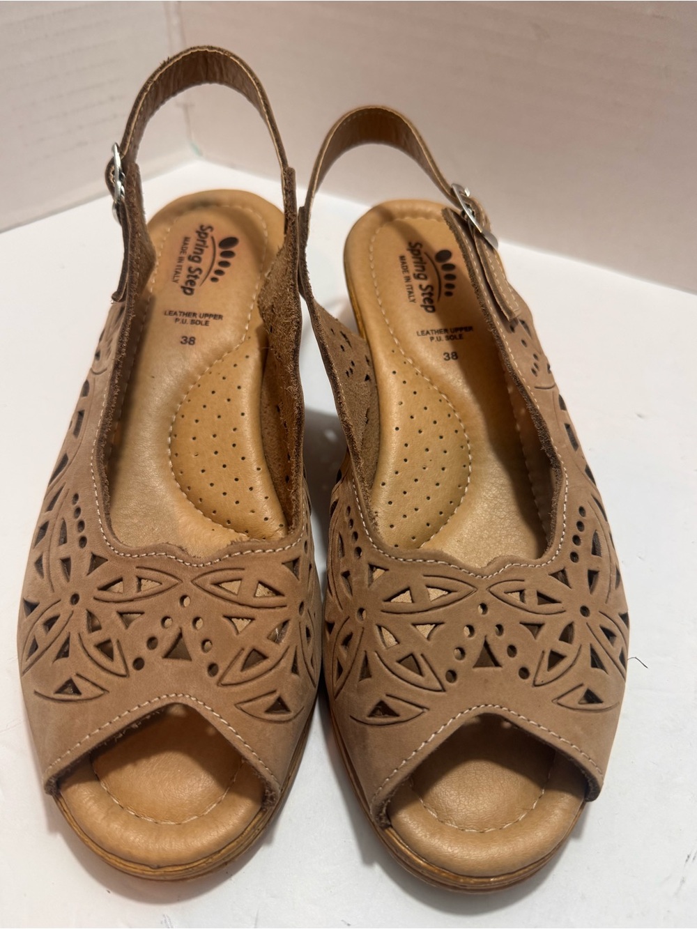 Spring Step Orella Leather Laser Cut Slingback Wedge Sandals Size 38 US 7.5 8